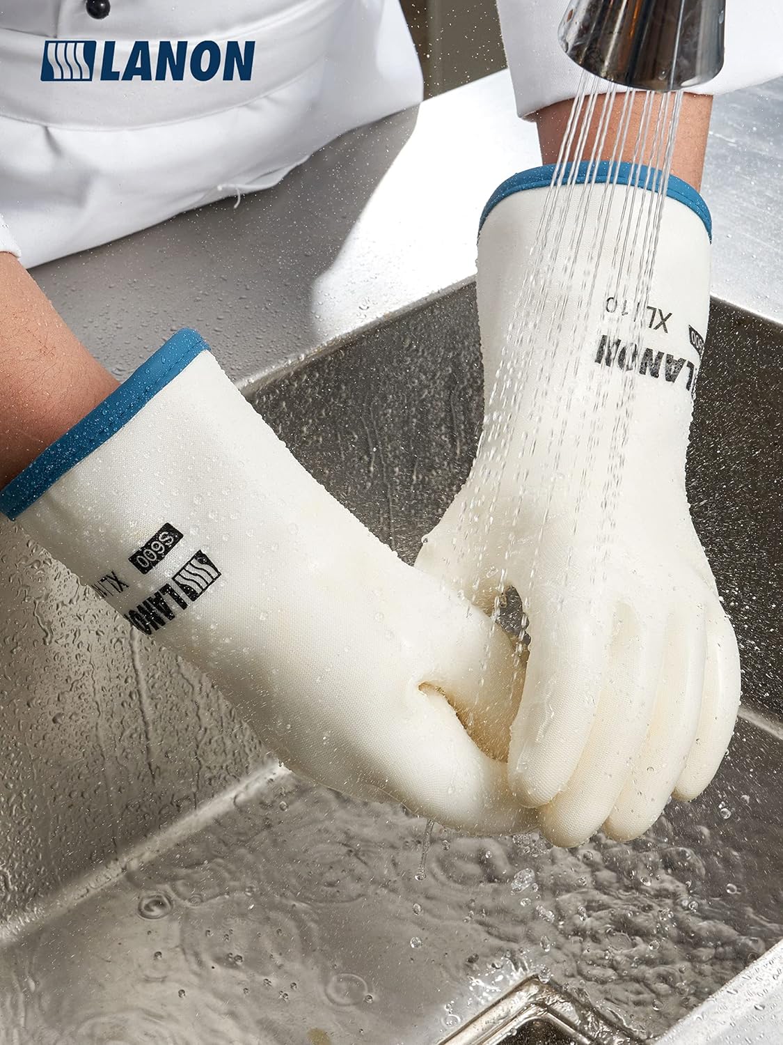 LANON Liquid Silicone Gloves, Heat Resistant Oven Gloves with Fingers, Food Grade, Waterproof, White, XXL