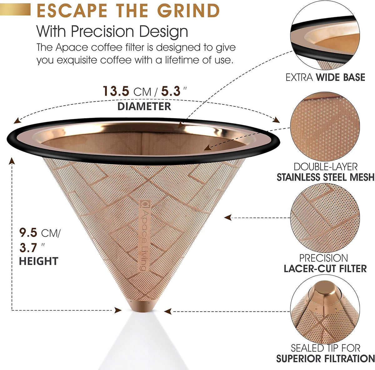 Compatible with Hario V60, Chemex Pour Over Coffee Filter - Wide Metal Base Reusable Stainless Steel Coffee Dripper - Paperless Coffee Filter for Sustainable Brewing