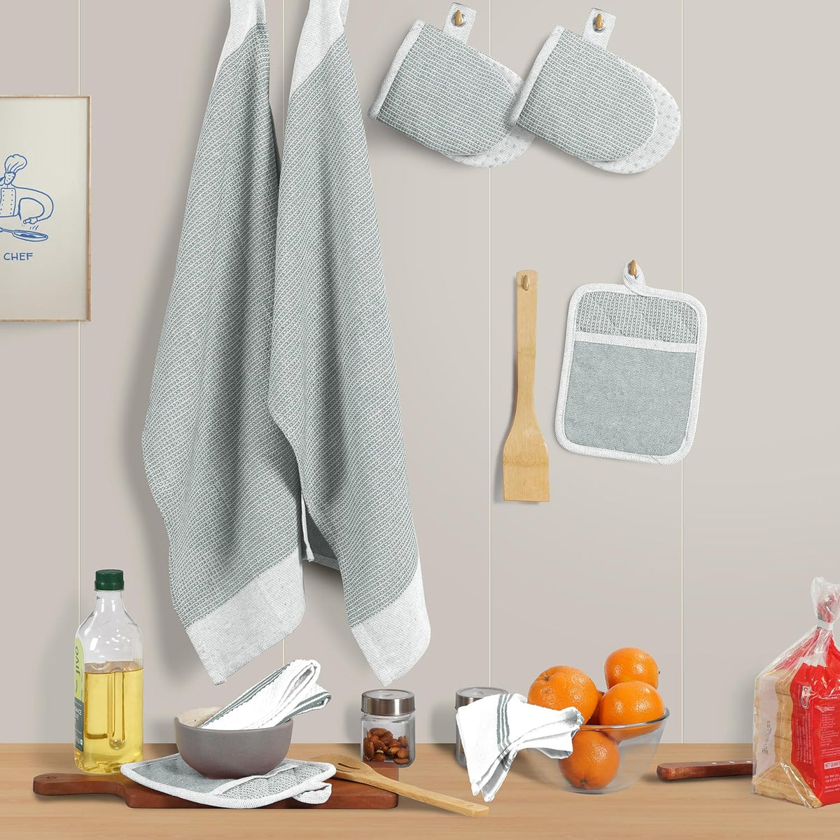 Casa Platino 8-Piece Mini Oven Mitt & Pot Holder Set – 500°F Heat Resistant with Silicone Grip, Includes 2 Kitchen Towels & 2 Dish Cloths for Drying – Non-Slip, Durable, Machine Washable – Grey