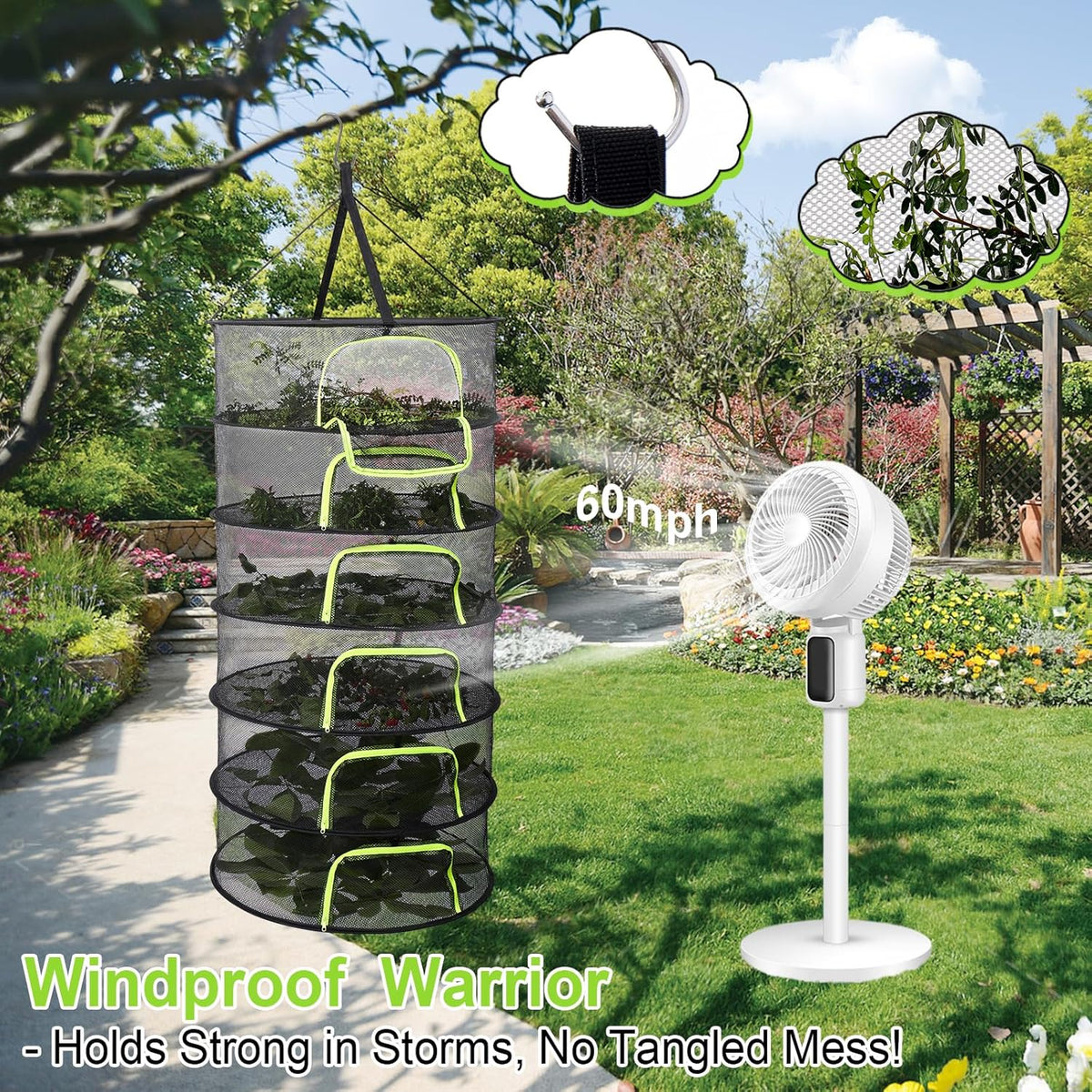 LUKETURE 6-Layer Hanging Herb Dryer Rack - with U-Zipper Mesh Net & Hook, Foldable Collapsible Drying Rack for Plants, Herbs, Flowers, Fish, Jerky, Laundry