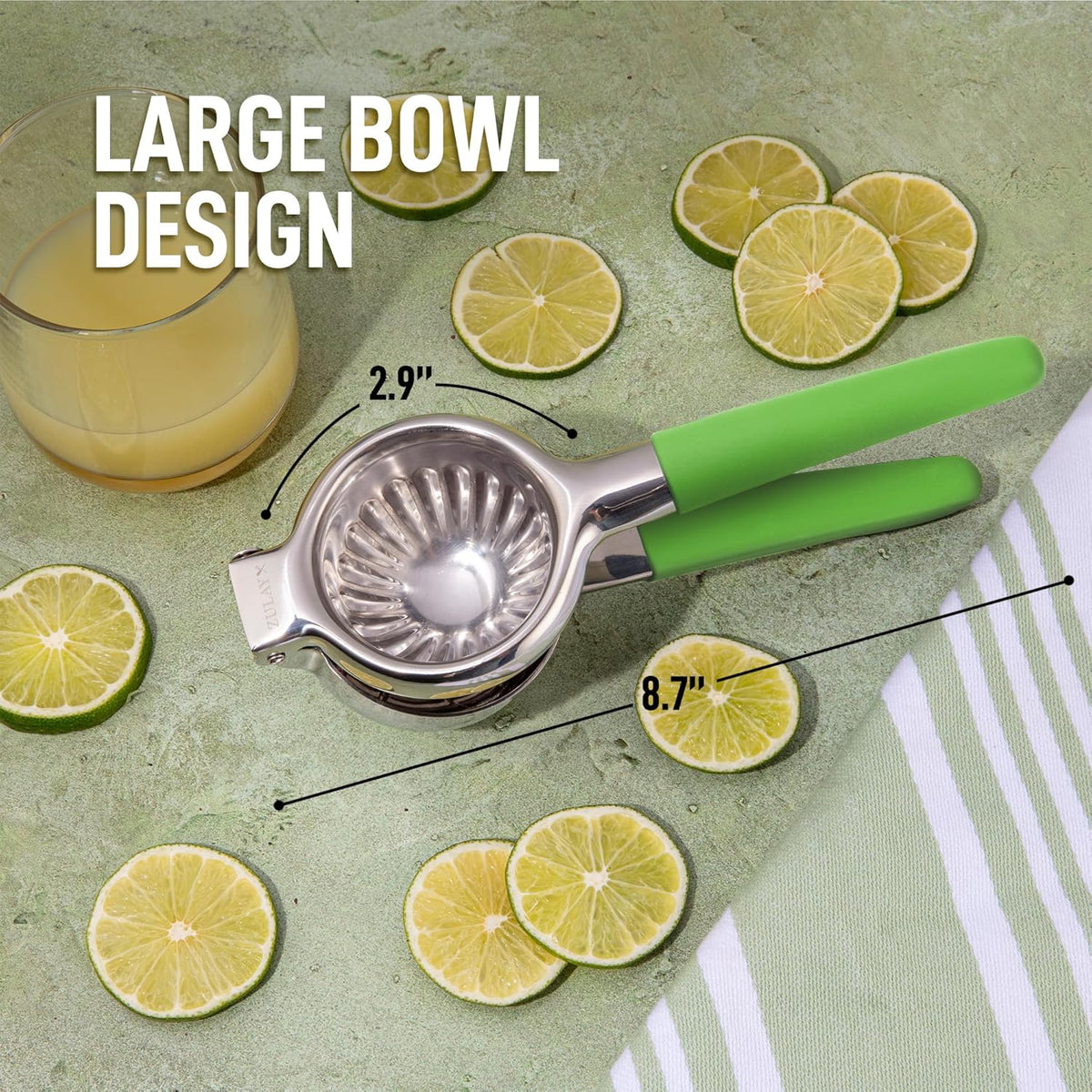Zulay Lemon Squeezer Stainless Steel with Premium Heavy Duty Solid Metal Squeezer Bowl and Food Grade Silicone Handle - Large Manual Citrus Press Juicer and Lime Squeezer Stainless Steel (Light Green)