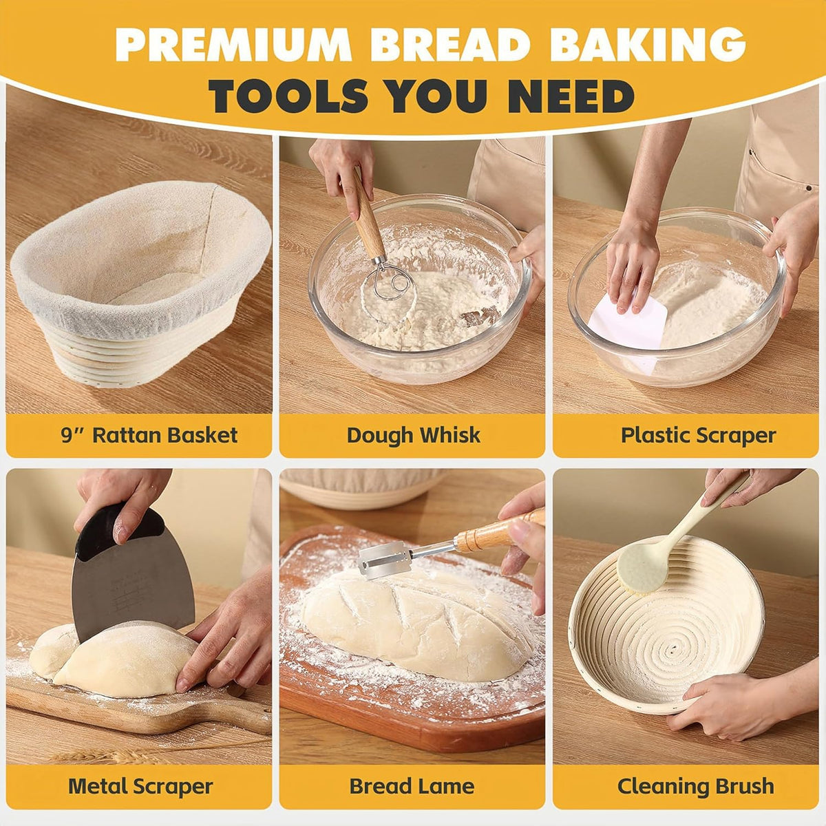 Sourdough Starter Kit, 10" Oval Banneton Sourdough Bread Baking Supplies with Bread Scoring Lame, Scrapers, Dough Whisk, Sour dough Bread Proofing Basket Tools for Fermentation