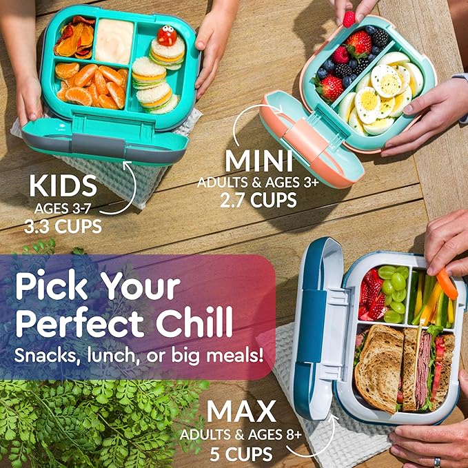 Bentgo Chill Kids Leak-Proof Lunch Box - 4-Compartment Bento Box with Built-In Ice Pack, 3.3 Cup Capacity, PFAS & BPA-Free, Microwave & Dishwasher Safe, Ideal Size for Ages 3 to 7 (Red/Royal)
