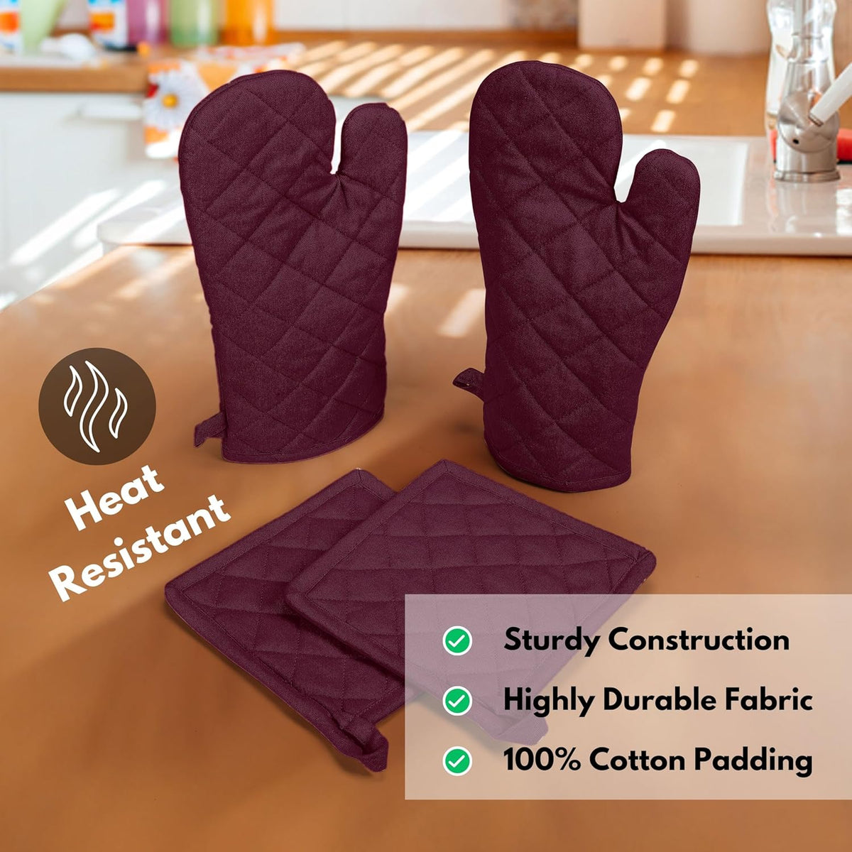 Native Fab 4 Piece Set - 2 Oven Mitts & 2 Potholders, Heat Resistant, 100% Cotton, Quilted Design, Non-Slip Grip, Machine Washable, Ideal for Baking, Cooking, BBQ, Kitchen Protection - Burgundy Wine