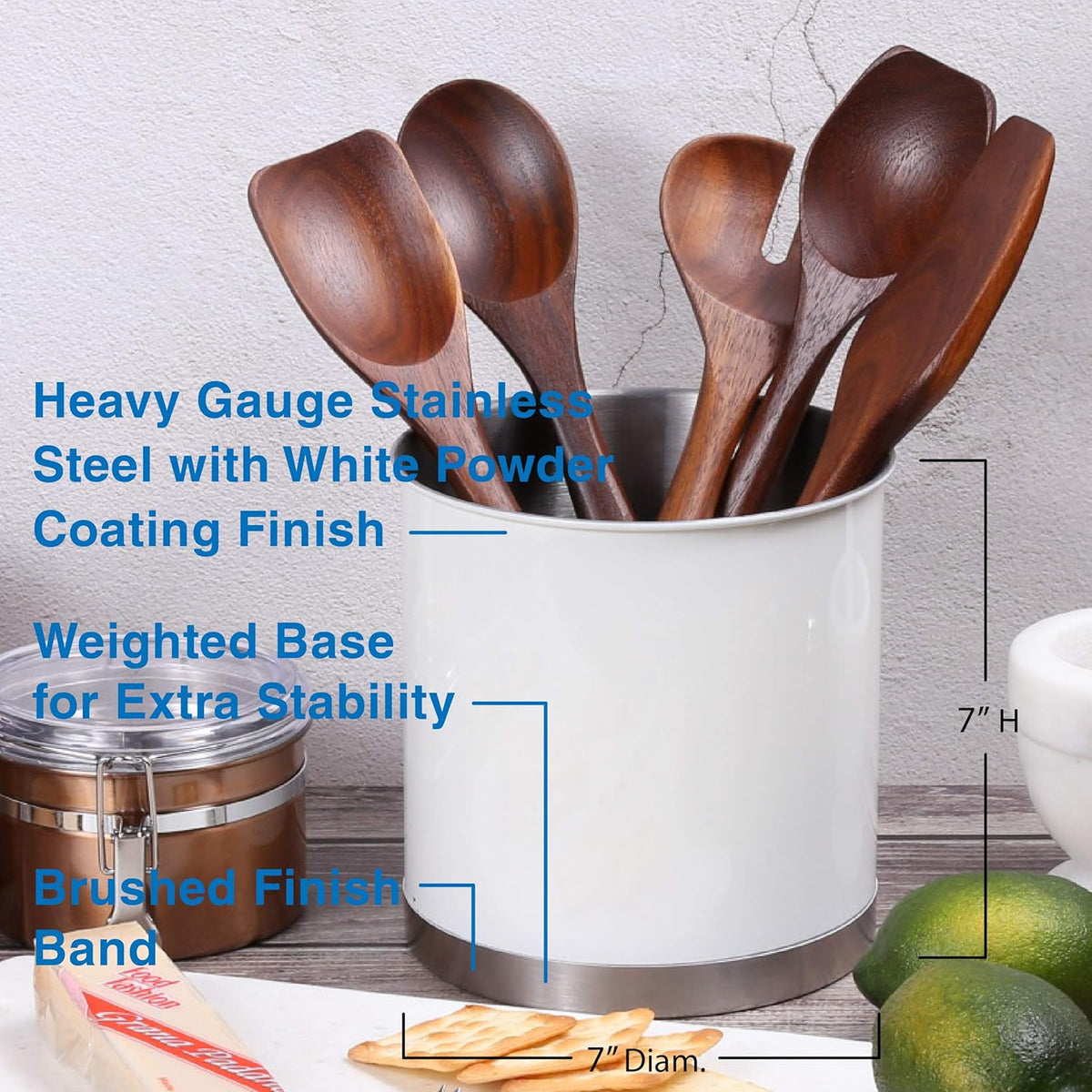 Creative Home Stainless Steel Utensil Holder– 7" Extra Large Cooking Tool Organizer for Kitchen Decor and Countertop Storage, Stable Anti-Tip Design, Durable Powder-Coated Finish, White