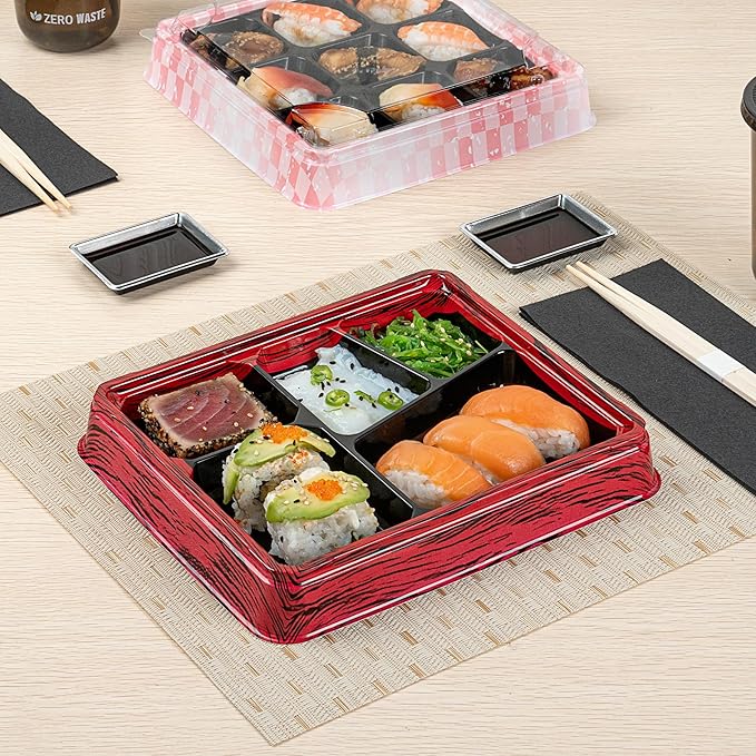 Restaurantware-Bento Tek 18.3 Ounce Meal Prep Containers, 50 Disposable To Go Food Boxes - Lids Sold Separately, 5 Compartments, Red And Black Plastic Bento Lunch Boxes, Freezable, For Take Out