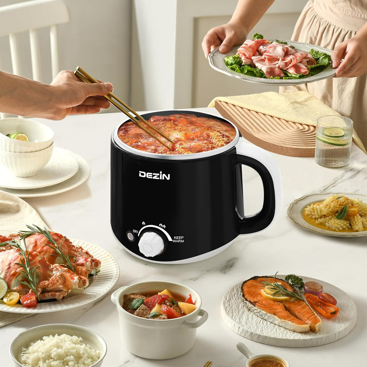 Dezin Hot Pot Electric, Rapid Noodles Cooker, Stainless Steel Electric Pot 1.6 Liter, Perfect for Ramen, Egg, Pasta, Dumpling, Soup, Porridge, Oatmeal with Temperature Control and Keep Warm Function