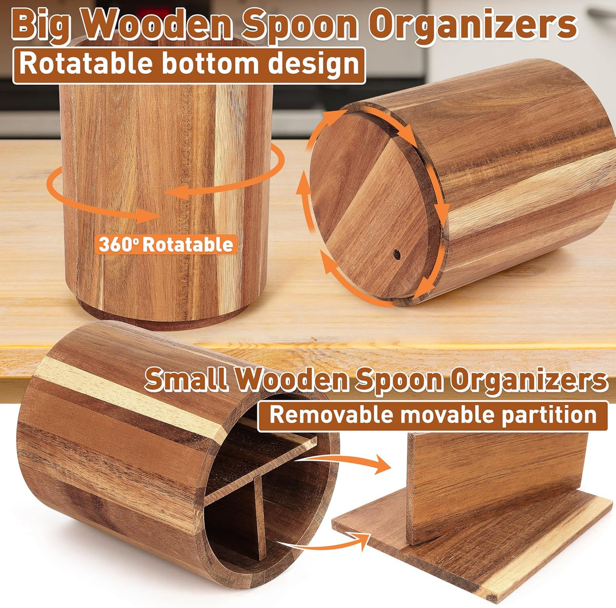Utensil Holder for Kitchen Countertop: 360° Rotating Wooden Utensil Crocks - Farmhouse Cooking Spoons Organizer