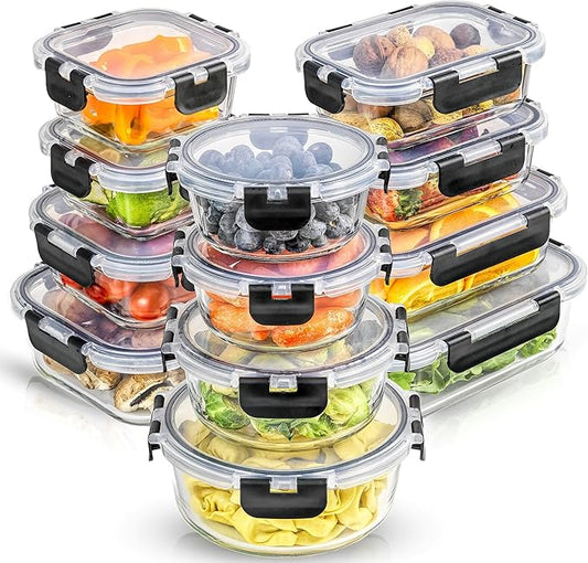 JoyJolt 24pc Borosilicate Glass Storage Containers with Lids | 12 Airtight/Freezer Safe Food Storage Containers for Pantry and Kitchen | Meal Prep Container for Lunch | Glass Tupperware Set