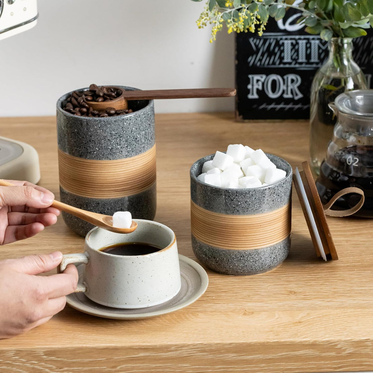 Ceramic Jar with Lid Airtight, Coffee Container Kitchen Food Storage Jars for Spice Sugar Tea Bag, Stackable Decorative Jars for Countertop, Grey & 18oz