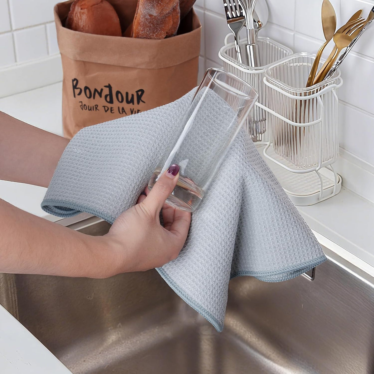 POLYTE Premium Microfiber Kitchen Dish Hand Towel Waffle Weave 12 Pack (16x28 in, Gray)