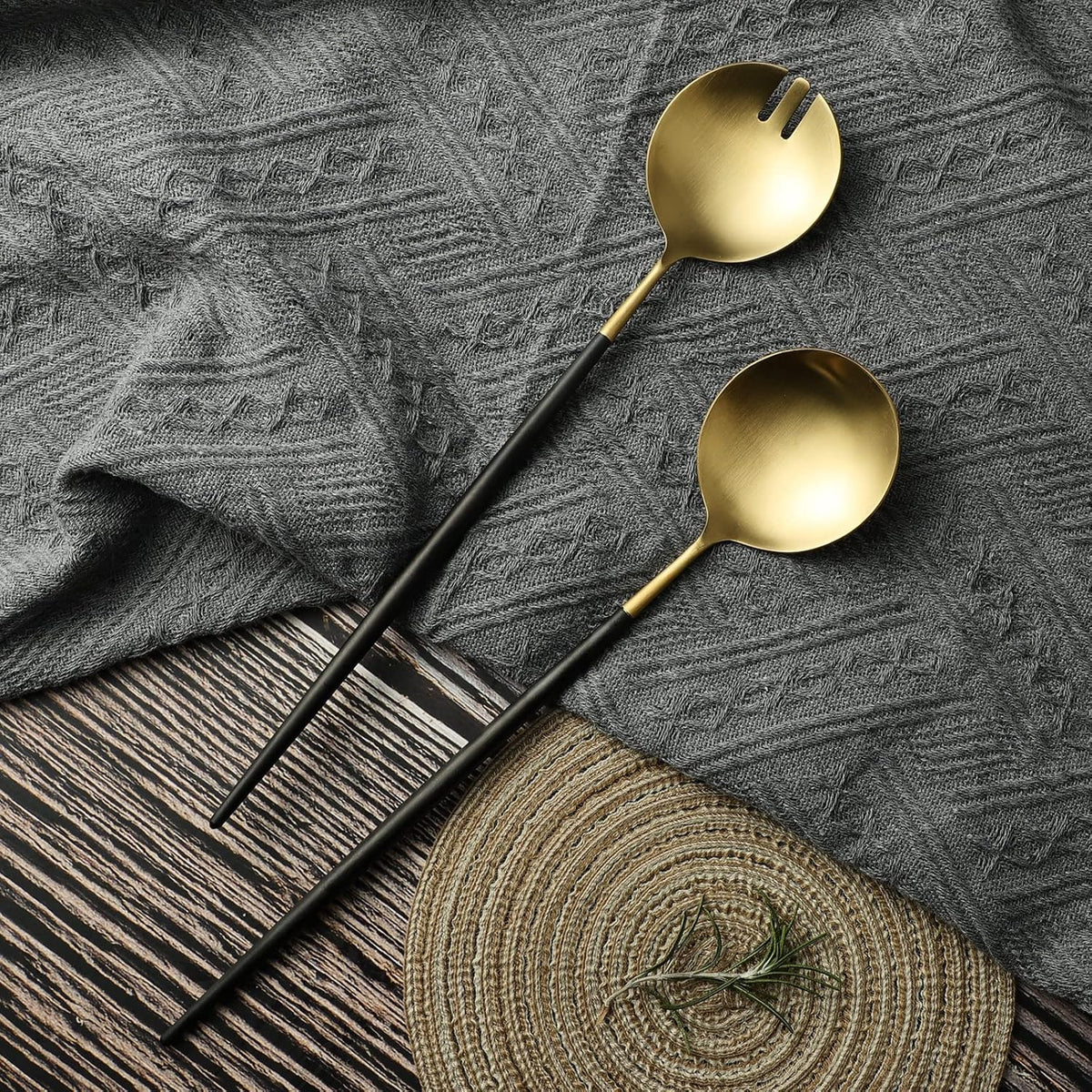 Salad Servers,Spoon and Fork Set 11.41 inch,18/10 Stainless Steel Salad Serving Titanium Plating (black gold)
