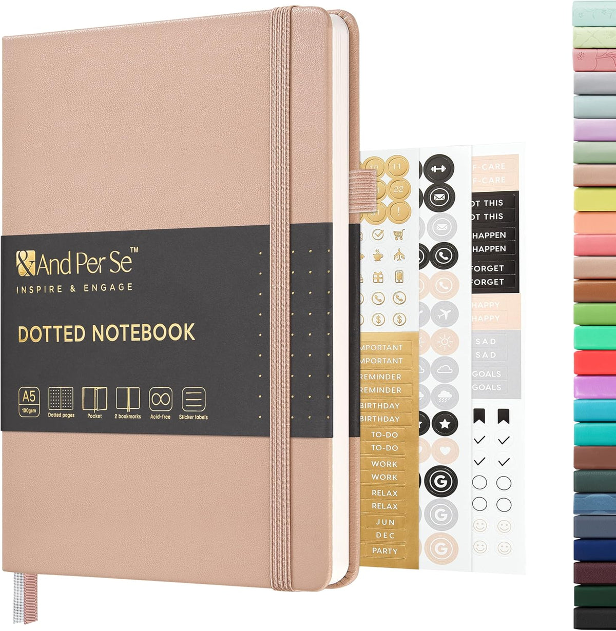 &And Per Se Dotted Journal Notebook, A5 Hardcover Leather Bullet Dotted Journal, 160 Pages 100 gsm Thick Dotted Paper，3 Sheets of Stickers Included - 5.7'' x 8''（Apricot）