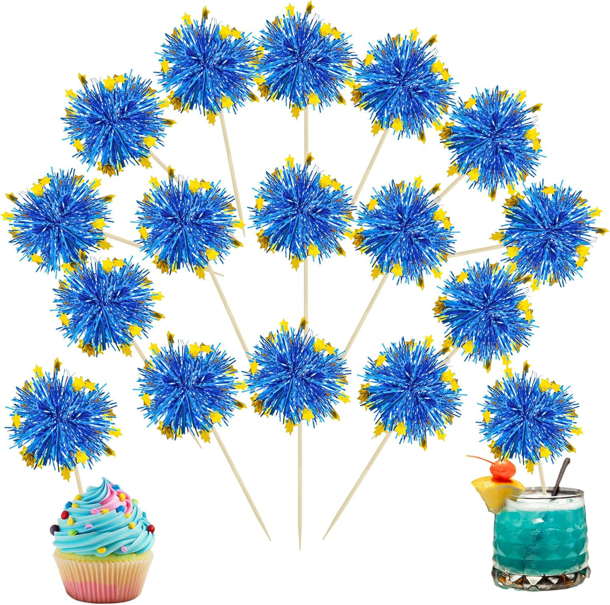 Ephlyn 30Pcs Foil Firework Cupcake Toppers Firework Cake Toppers Tinsel Flower Drink Stirrers Cocktail Food Fruit Toothpicks for Valentine's Day Party Decorations Blue