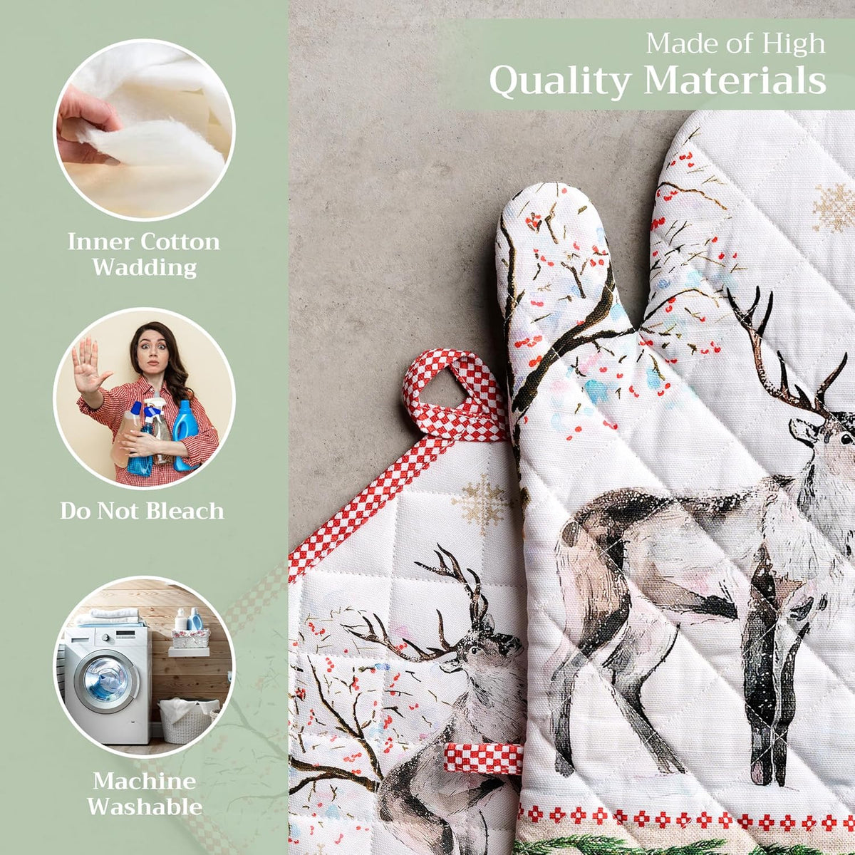 Maison d' Hermine 100% Cotton Oven Mitt & Pot Holder Set (7.5"x13" & 8"x8") Heat Resistant BBQ Cooking Gloves with Loop, Baking, Grilling, Kitchen, Handling Hot Pans (Rural Christmas)