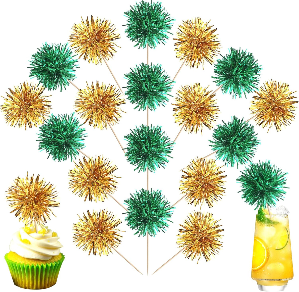 40 PCS Foil Firework Cupcake Toppers Fireworks Cupcake Picks Sparkle Tinsel Cake Decorations Cocktail Fruit Toothpick for Firework Theme Birthday Wedding Graduation Party Decor Supplies Gold Green