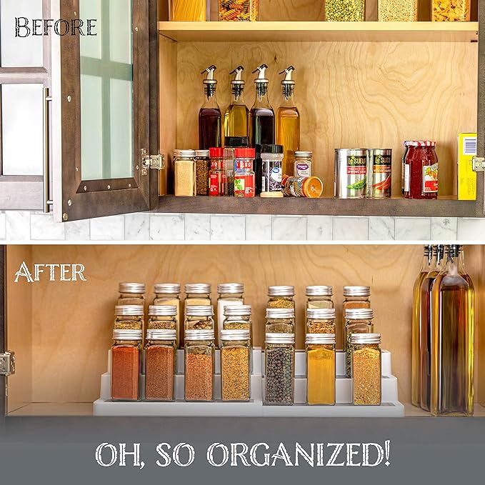 Oizeir 3–Tier Expandable Plastic Spice Rack - Adjustable Length, Stability with Non-Skid Shelf, Three Tiers for Easy Visibility, Organizer for Kitchen Cabinet, Pantry or Countertop, White/Grey