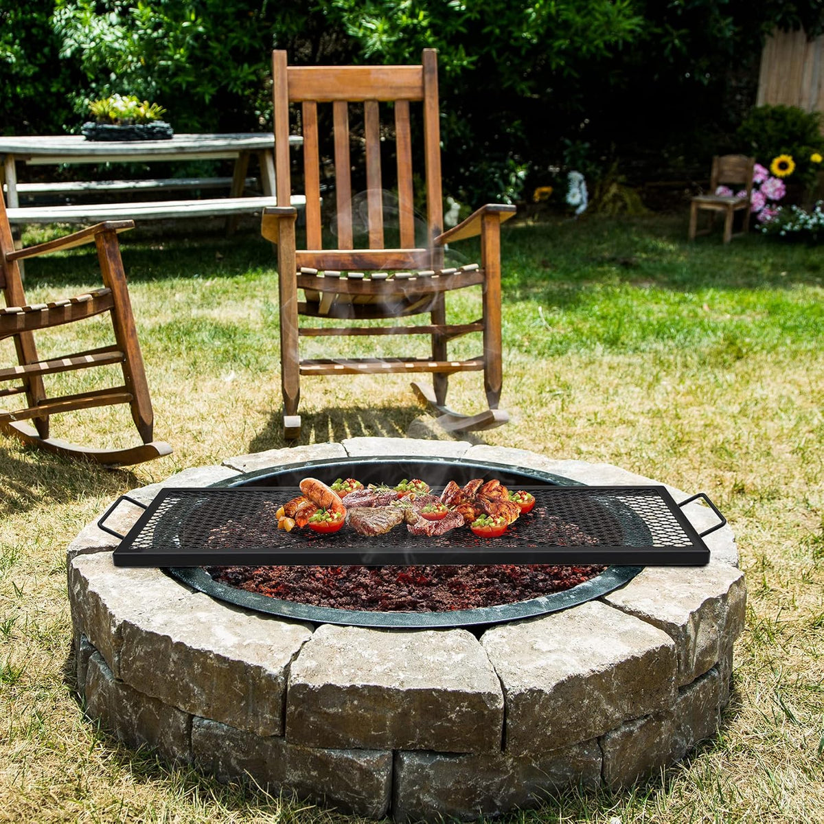 onlyfire Rectangle X-Marks Fire Pit Cooking Grate, Campfire Grill Grate with Handles Heavy Duty Steel BBQ Grill for Outdoor, 44-Inch