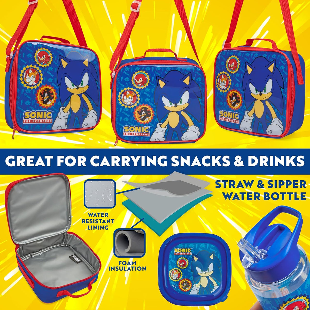Get Trend SONIC THE HEDGEHOG Kids Lunch Bag Set 3 Pc with Leak Proof Water Bottle and Small Lunch Box Insulated for School Daycare Travel (Sonic)