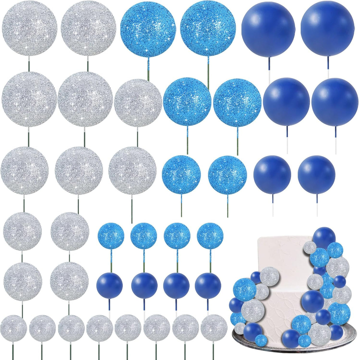 BEISHIDA 40 Pcs Ball Cake Toppers Mini Balls Cake Decorations Blue Silver Foam Balls Sticks DIY Cake Topper for Baking Congrats Grade 2025 Graduation Birthday Winter Party Decorations (Blue Silver)
