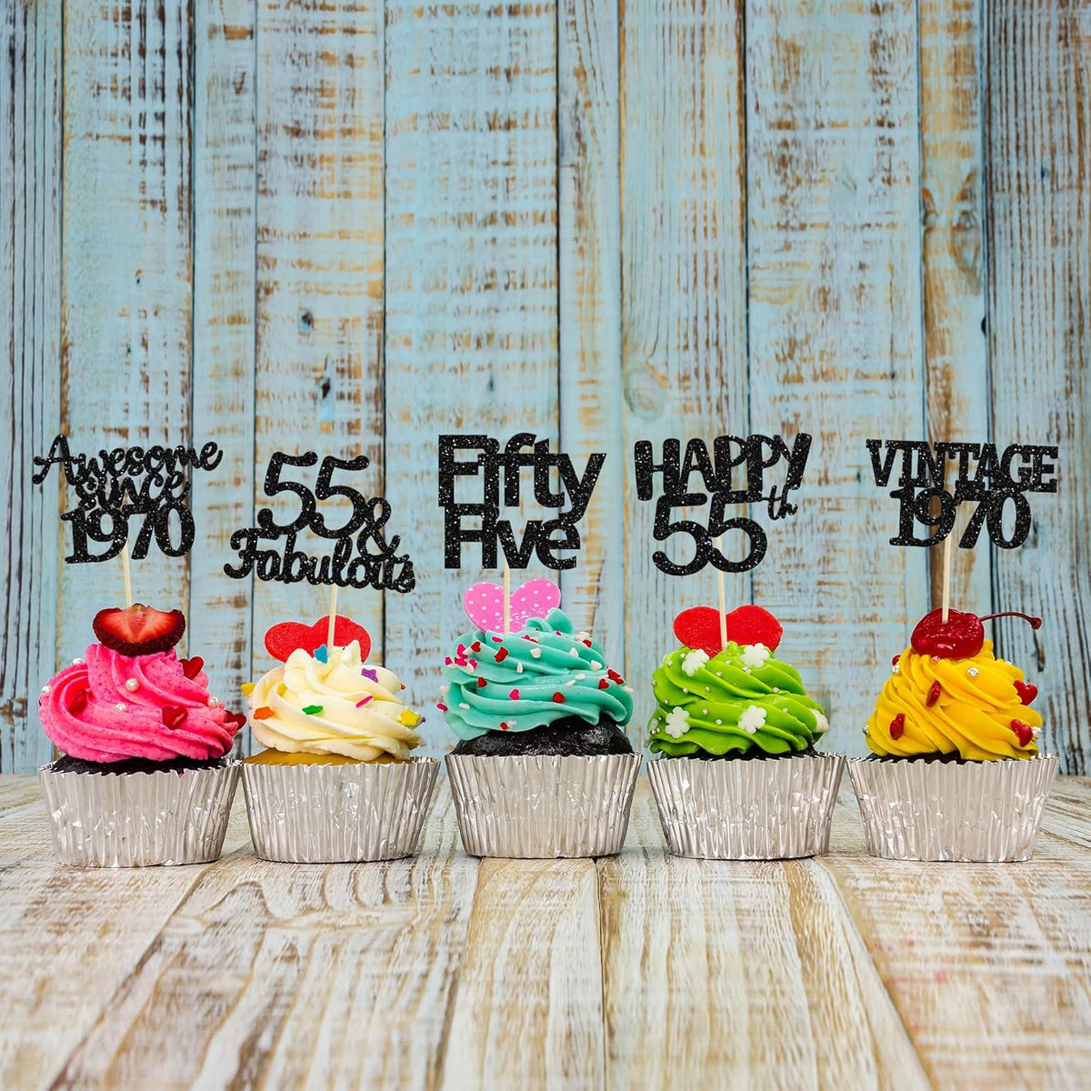 Gyufise 30 Pack Black Glitter Vintage 1970 Cupcake Toppers Glitter 55 Fabulous Happy 55 Cheers to 55 Years Birthday Cupcake Picks 55th Birthday Anniversary Cake Decorations Supplies