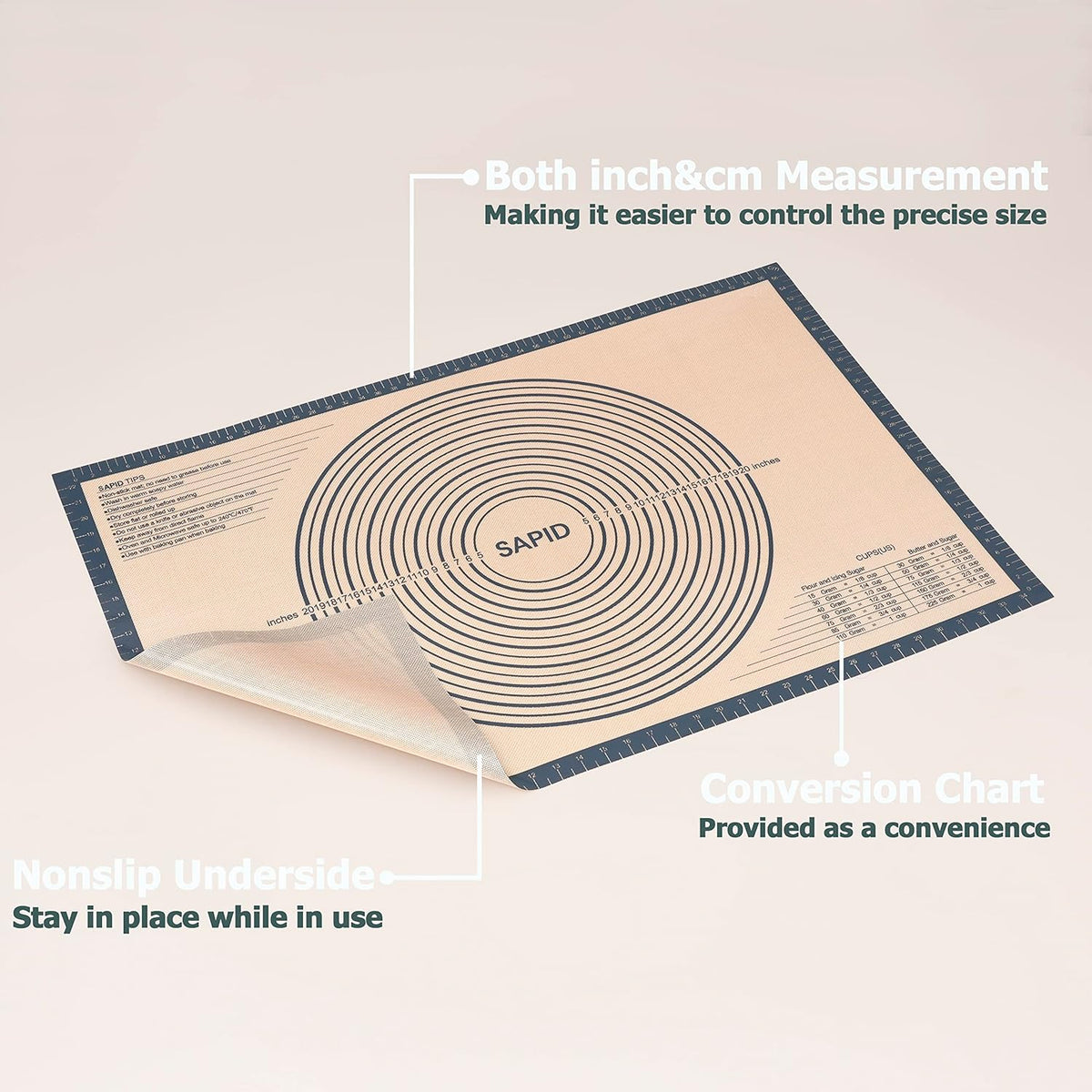 Sapid Extra Thick Silicone Pastry Mat Non-slip with Measurements for Non-stick Silicone Baking Mat Extra Large, Dough Rolling, Pie Crust, Kneading Mats, Countertop, Placement Mats (24" x 36", Gray)
