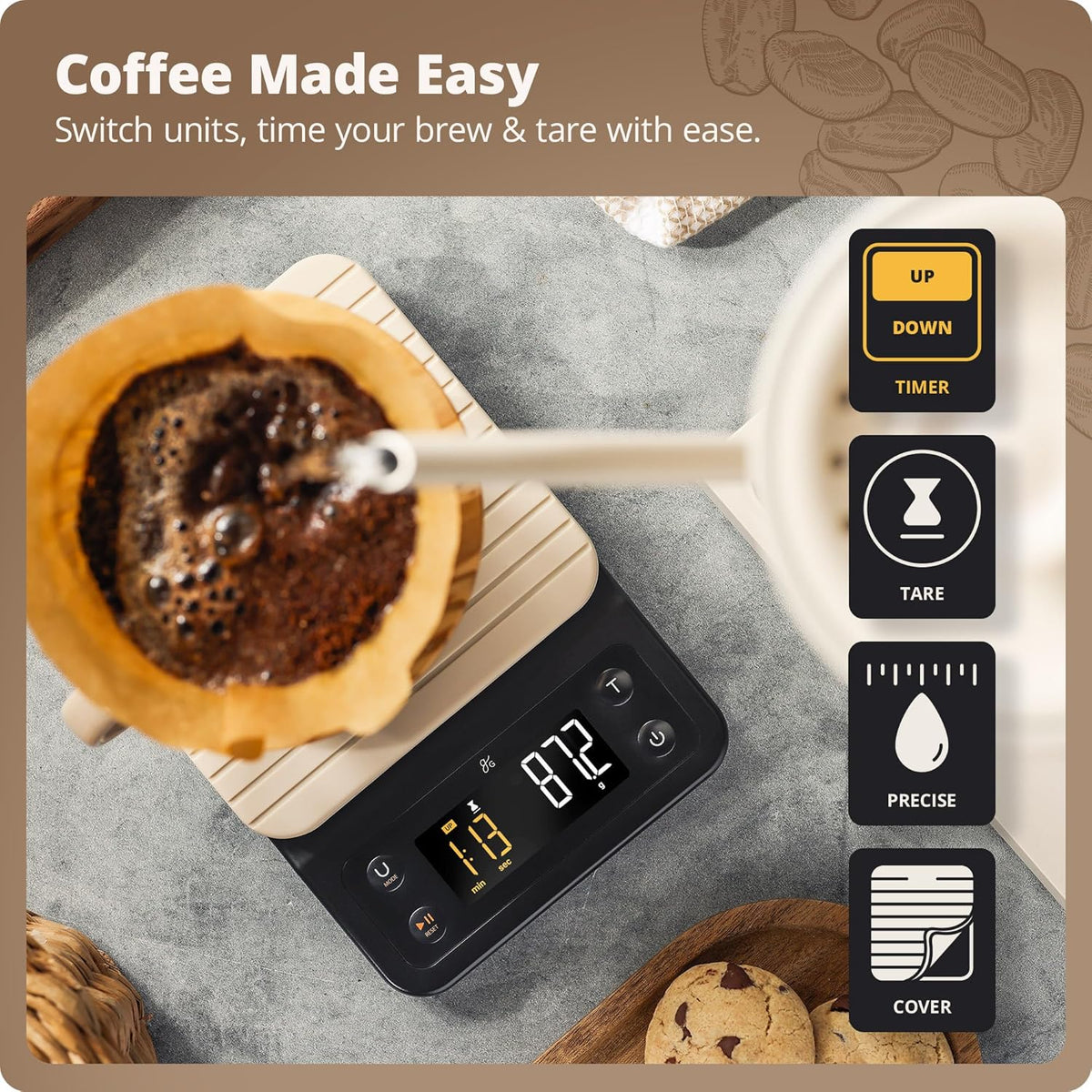 Greater Goods 0.1g Precision Coffee Scale with Timer – 3kg Digital Scale for Pour-Over, Espresso, French Press, Kitchen Use (Birch)