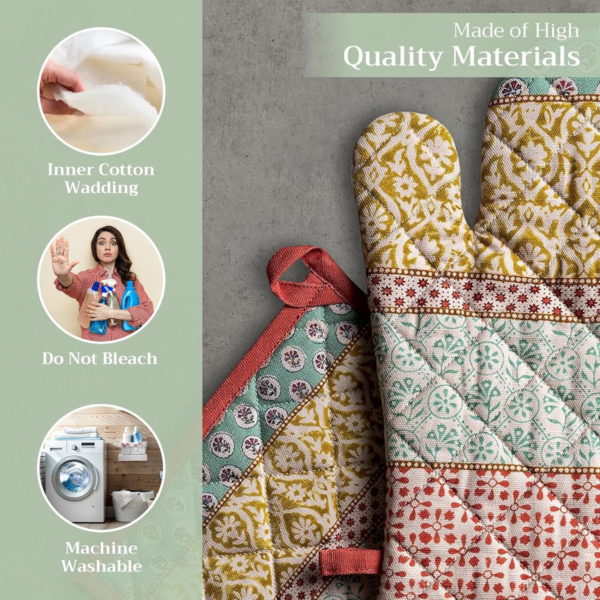 Maison d' Hermine 100% Cotton Oven Mitt & Pot Holder Set (7.5"x13" & 8"x8") Heat Resistant BBQ Cooking Gloves with Loop, Baking, Grilling, Kitchen, Handling Hot Pans Spring/Summer (Provence)