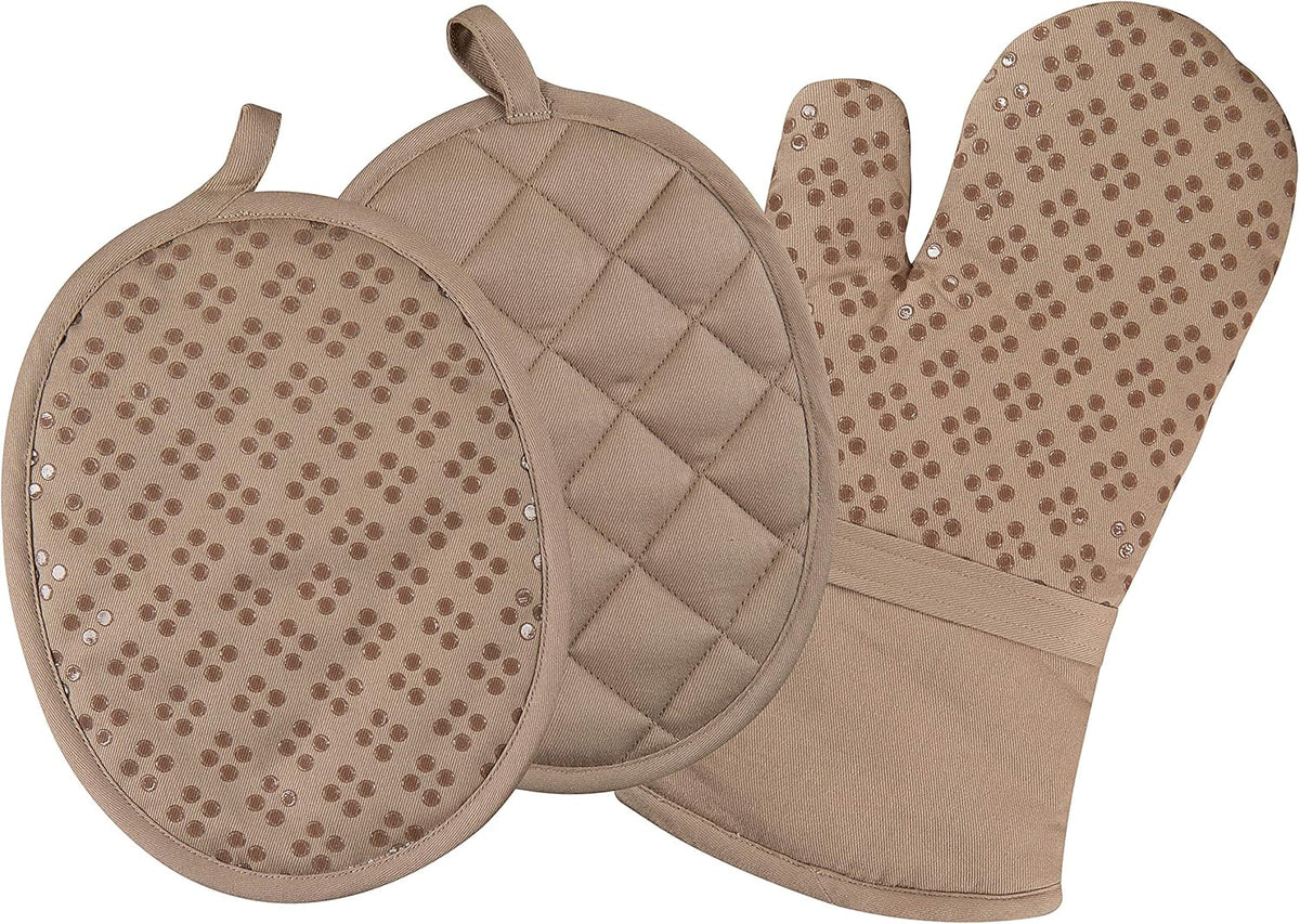 Sticky Toffee Oven Mitt and Pot Holder Set of 3 – Tan Kitchen Hot Pads and Mitts with Non-Slip Silicone Grip, 100% Cotton Shell, Oeko-Tex Cotton