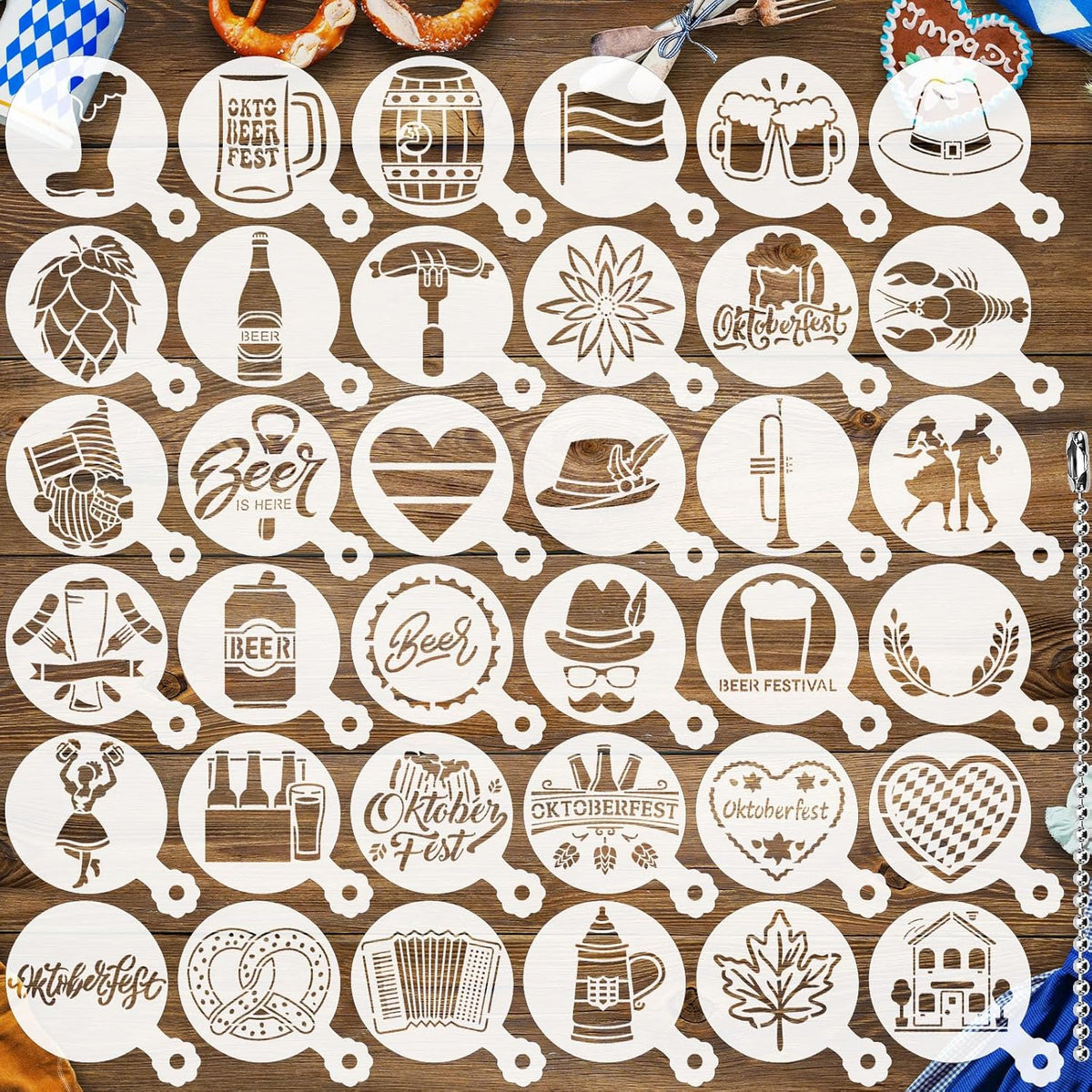 JULBEAR 36 Pieces Reusable Oktoberfest Cookie Cake Stencils Bavarian Style Templates Mold Tools for Oktoberfest Party Cookies Baking Painting Coffee Decoration