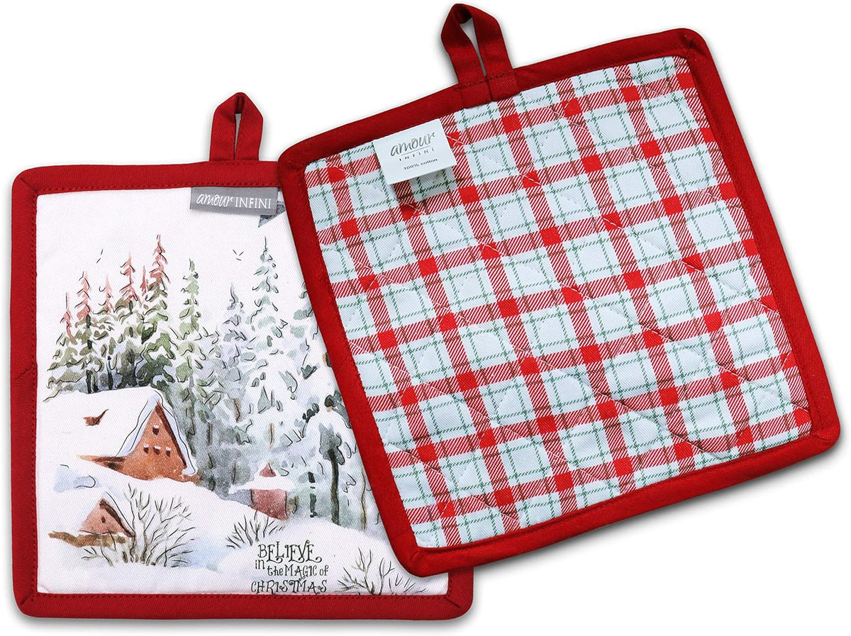 AMOUR INFINI Pot Holders and Oven Mitts 100% Cotton Christmas Winter Heat Resistant Non Slip Washable Set of 1 Oven Mitt and 1 Pot Holder Kitchen Gift Set