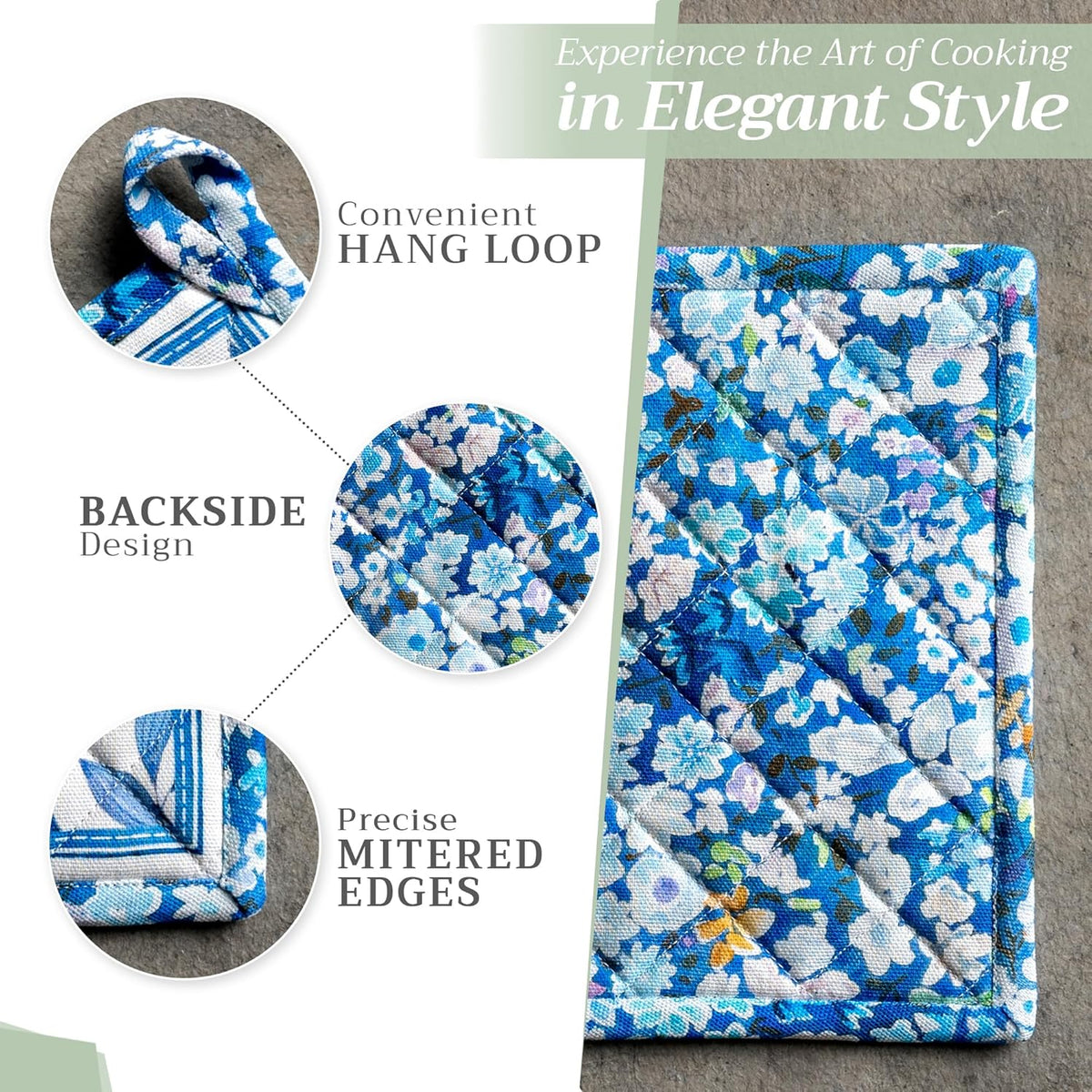 Maison d' Hermine Pot Holders 100% Cotton Heat Resistant Potholders 8" x 8" Hot Pads with Loop BBQ, Cooking, Baking, Grilling, Kitchen, Handling Hot Pans Spring/Summer (Pack of 1, Summer Blues)