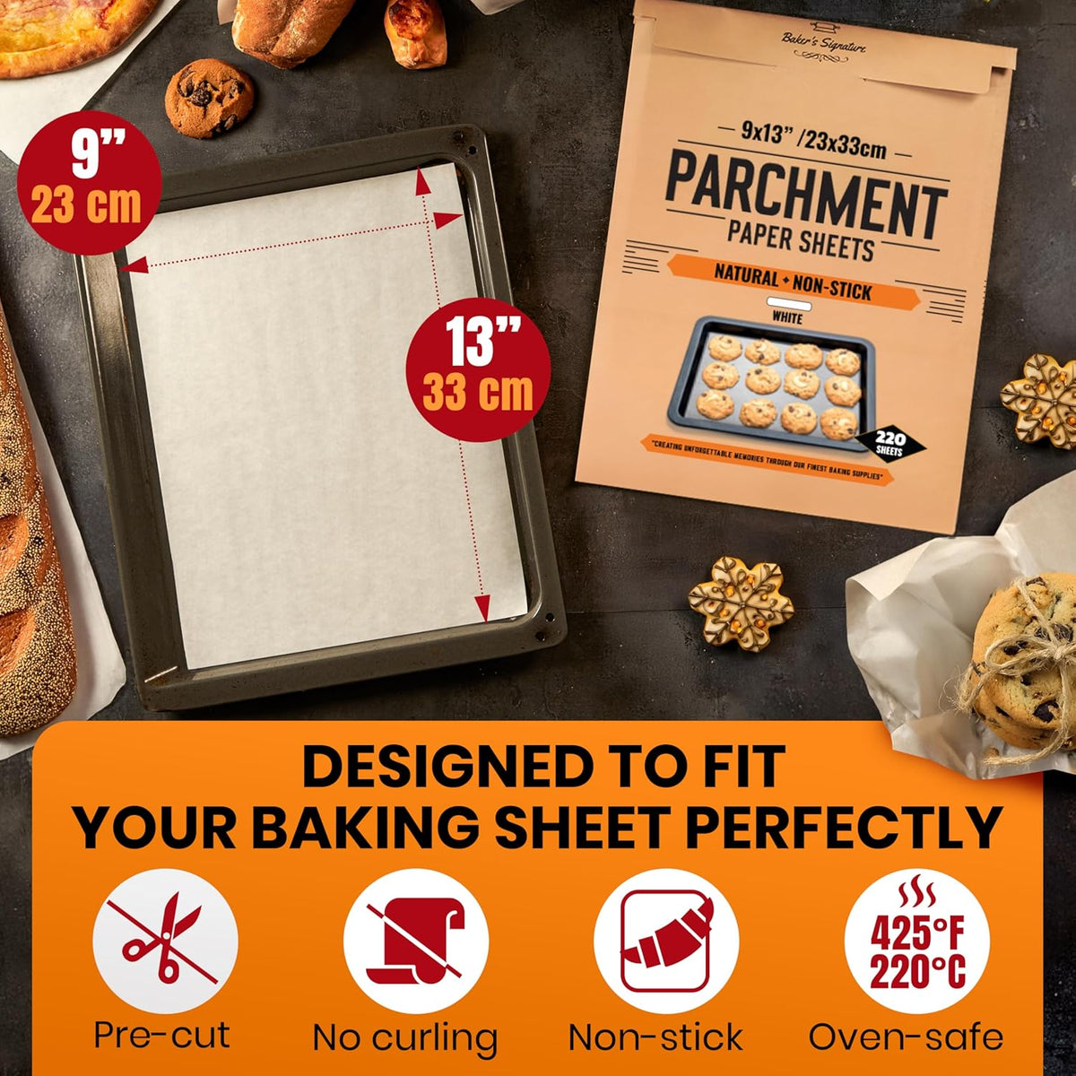 220 Pcs 9x13 Inch Parchment Paper Sheets by Baker's Signature | Parchment Baking Paper, Unbleached Parchment Paper - Perfect for Baking, Precut Non-Stick Sheets, Eco-Friendly, Will Not Curl or Burn
