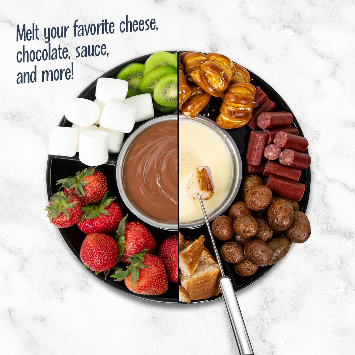 Nostalgia Electric Fondue Party Set – 10 oz Melting Pot, 4 Roasting Forks, & Detachable Serving Tray – Melted Cheese, Chocolate, or Dessert – Perfect for Gifts, Parties, Date Night – Black