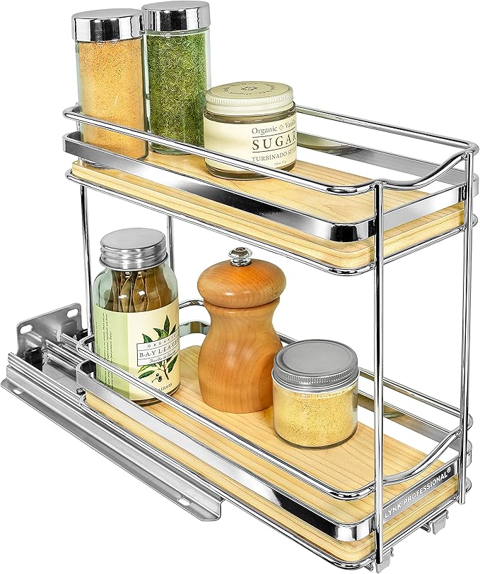 LYNK PROFESSIONAL® Élite™ Pull Out Spice Rack Organizer for Inside Kitchen Cabinets - 4-1/4 inch Wide - Slide Out Drawer – Wood/Chrome Sliding Spice Cabinet Organization Shelf Racks - 2 Tier