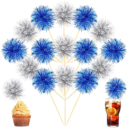 Chinco 100 Pcs Foil Firework Cupcake Toppers Sparkle Tinsel Cake Toppers Cake Decoration Cocktail Fruit Toothpick for Birthday Wedding Graduation Party(Silver, Blue)