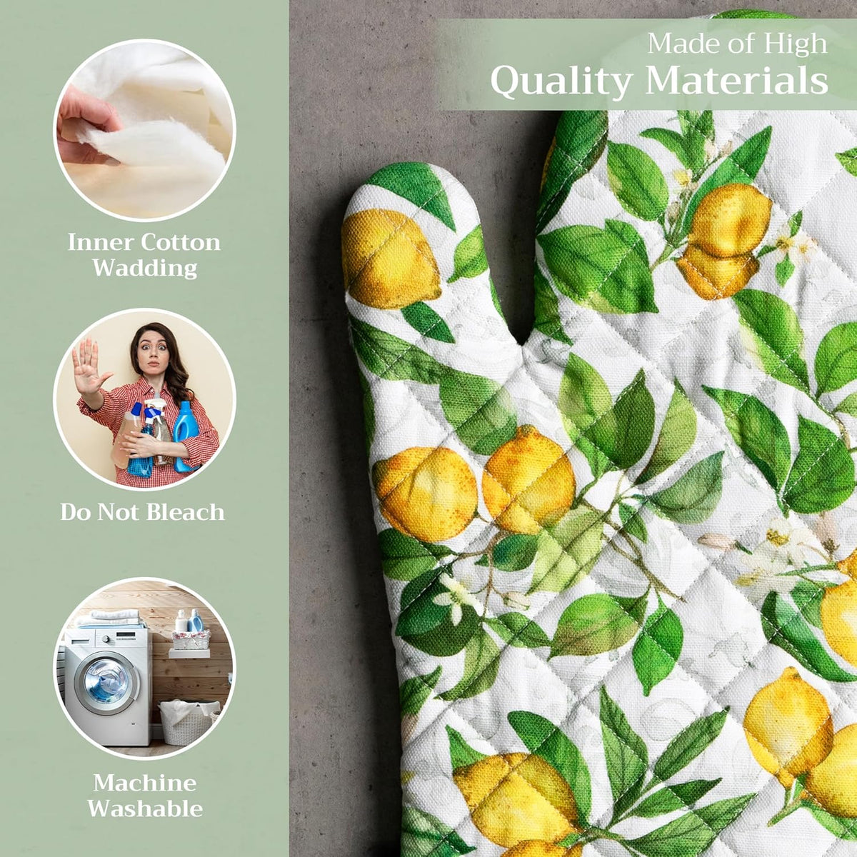 Maison d' Hermine Oven Gloves 100% Cotton Oven Mitt 7" x 13" with Loop Heat Resistant, BBQ, Cooking Gloves, Baking, Grilling, Kitchen, Handling Hot Pans Spring/Summer (Pack of 1, Cedrat)