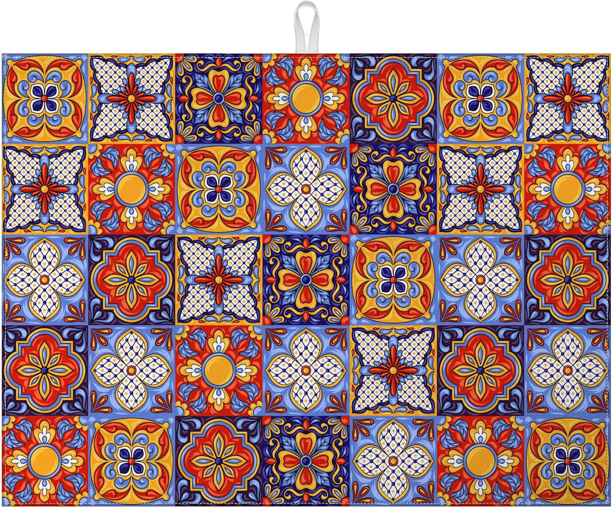 Talavera Mexican Tiles Dish Drying Mat for Kitchen Counter Microfiber Absorbent Dish Kitchen Drying Mat Draining Reusable Washable for Dishes/Utensils/Counterto