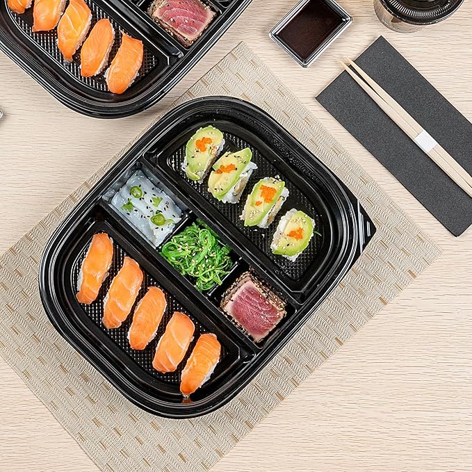 Restaurantware-Bento Tek 50.7 Ounce Meal Prep Containers, 50 Disposable To Go Food Boxes - Lids Sold Separately, 5 Compartments, Black Plastic Bento Lunch Boxes, Freezable, For Take Out