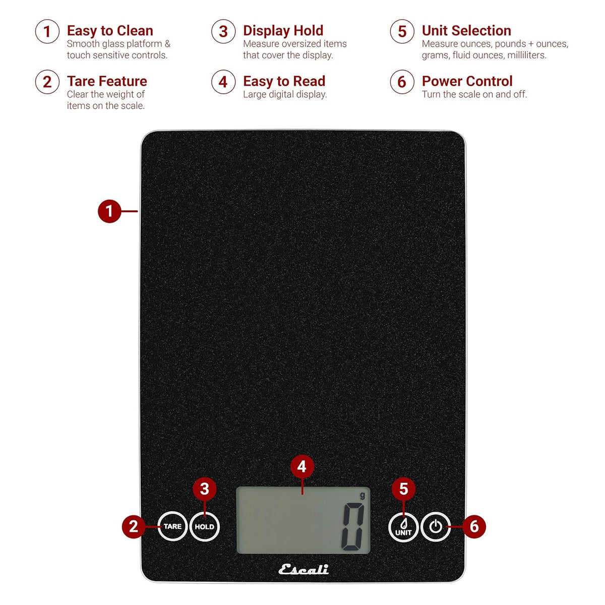 Escali Arti Glass Food Scale Digital Countertop Kitchen, Baking and Cooking Scale with Nutrition and Calorie Counter, 15-Pound Capacity, 9" x 6.5" x .75", Black