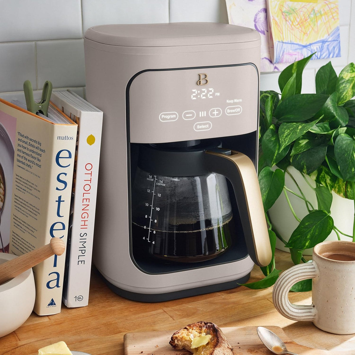 Beautiful Coffee Maker, 14-Cup, Touch Display, Programmable, 1200W, Stainless Steel, Keep Warm, 24h Timer dishwasher-safe (Porcini Taupe)