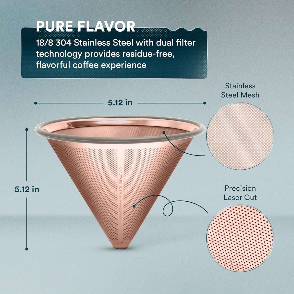 OVALWARE Paperless Stainless Steel Pour Over Coffee Filter – Reusable and Permanent Coffee Cone Dripper for Ovalware, Chemex, Hario and Other Carafes (Titanium Rose Gold)