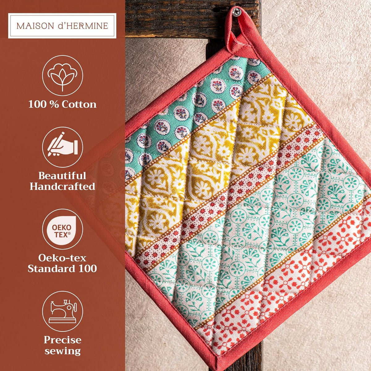 Maison d' Hermine Pot Holders 100% Cotton Heat Resistant Potholders 8" x 8" Hot Pads with Loop BBQ, Cooking, Baking, Grilling, Kitchen, Handling Hot Pans Spring/Summer (Pack of 1, Provence)