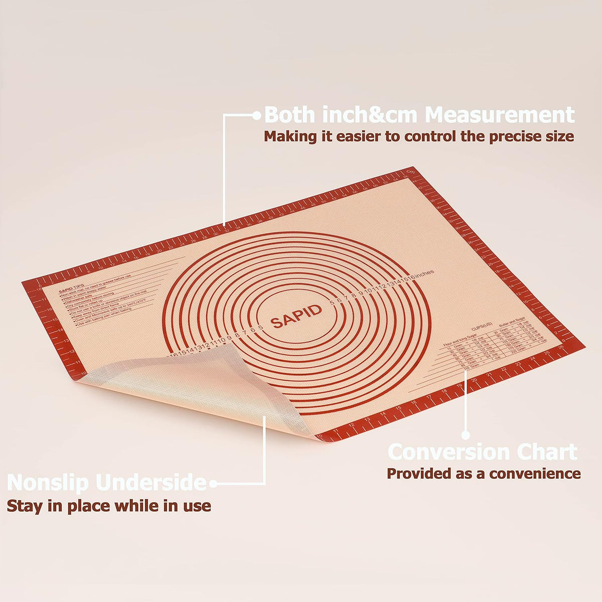 Sapid Extra Thick Silicone Pastry Mat Non-slip with Measurements for Non-stick Silicone Baking Mat Extra Large, Dough Rolling, Pie Crust, Kneading Mats, Countertop, Placement Mats (20" x 28", Red)