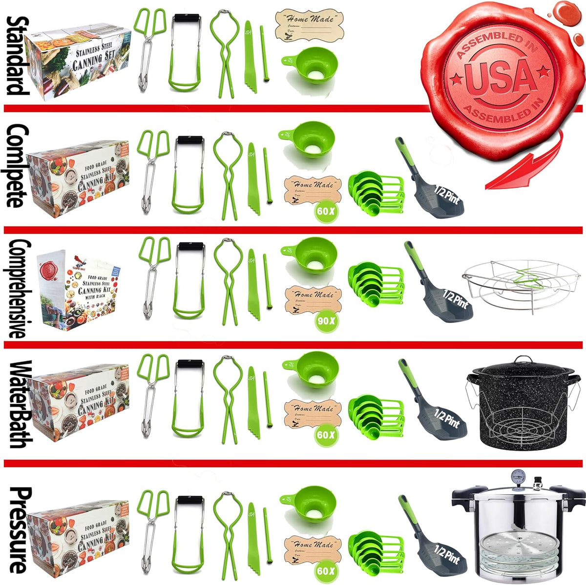 Supa Ant Canning Supplies - USA Assembled & Certified Food Grade Stainless Steel Starter Set Canning Kit for Beginners - Wide Kitchen Funnel, Jar Lifter and Wrench, Bubble Popper/Measurer, Lid Lifter
