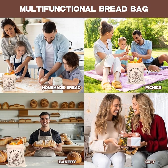 2 Pack Reusable Beeswax Bread Bags for Sourdough & Homemade Bread - XL Organic Cotton with Zipper & Snap Closure Freezer-Friendly Freshness Preservation