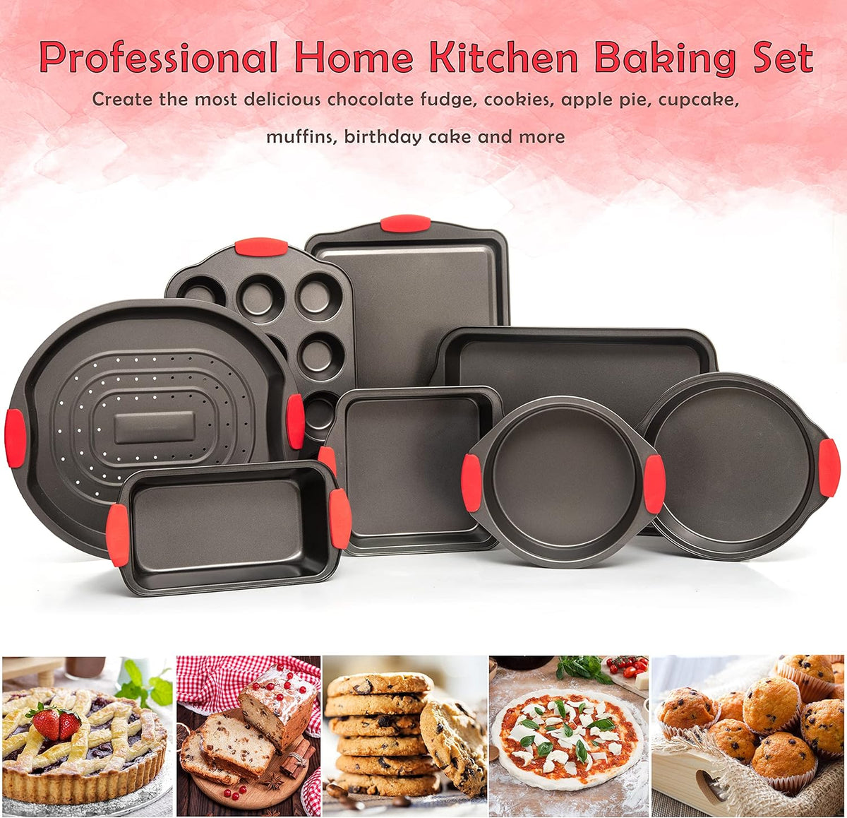 Moss & Stone 9 Piece Baking Pans Set Non Stick, Oven Safe Baking Sheet Set Carbon Steel Non-Stick PTFE Coating, Bakeware Set With Heat Red Silicone Handles, Black Baking Trays For Oven