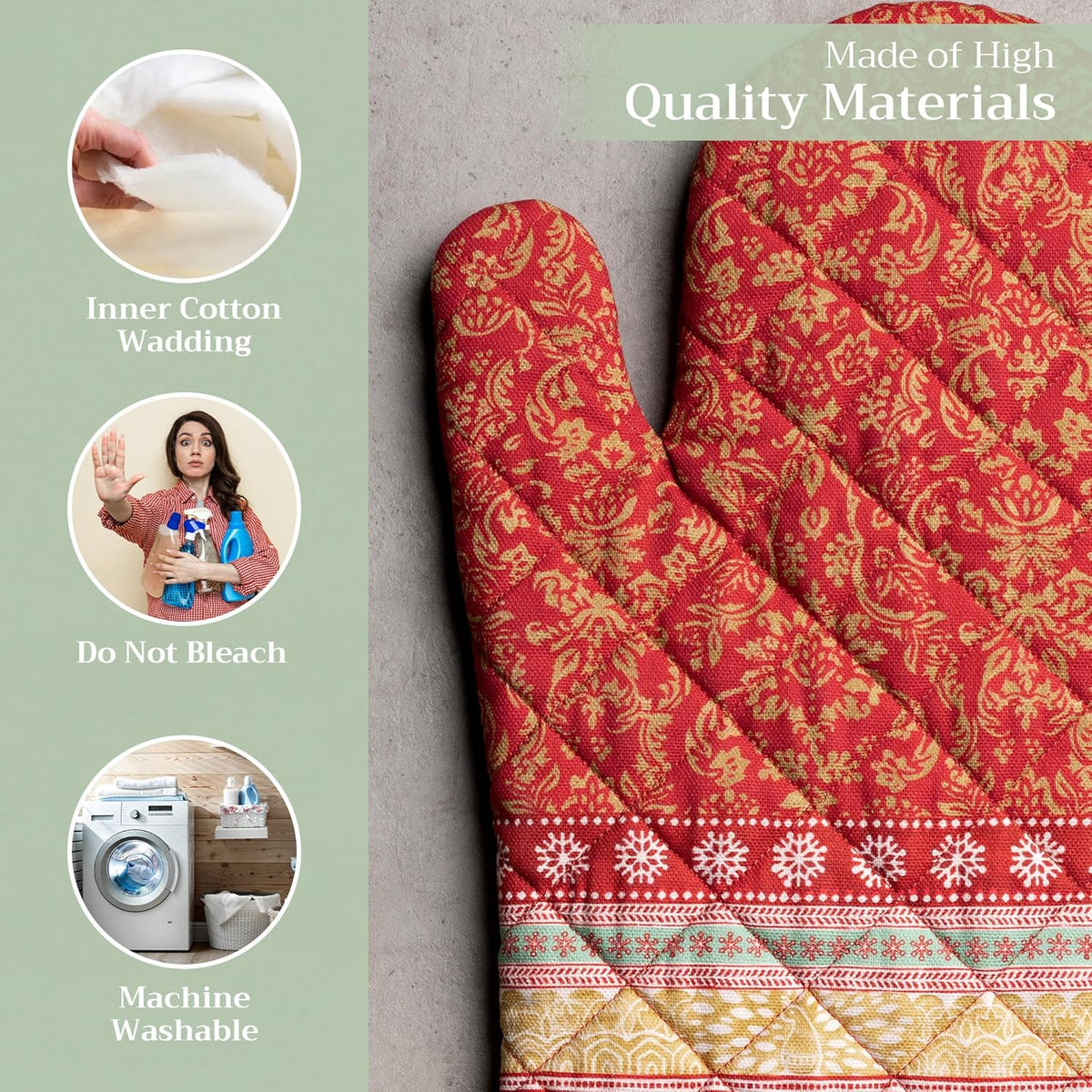 Maison d' Hermine Oven Gloves 100% Cotton Oven Mitt 7" x 13" with Loop Heat Resistant, BBQ, Cooking Gloves, Baking, Grilling, Kitchen, Handling Hot Pans (Pack of 1, Sofia)
