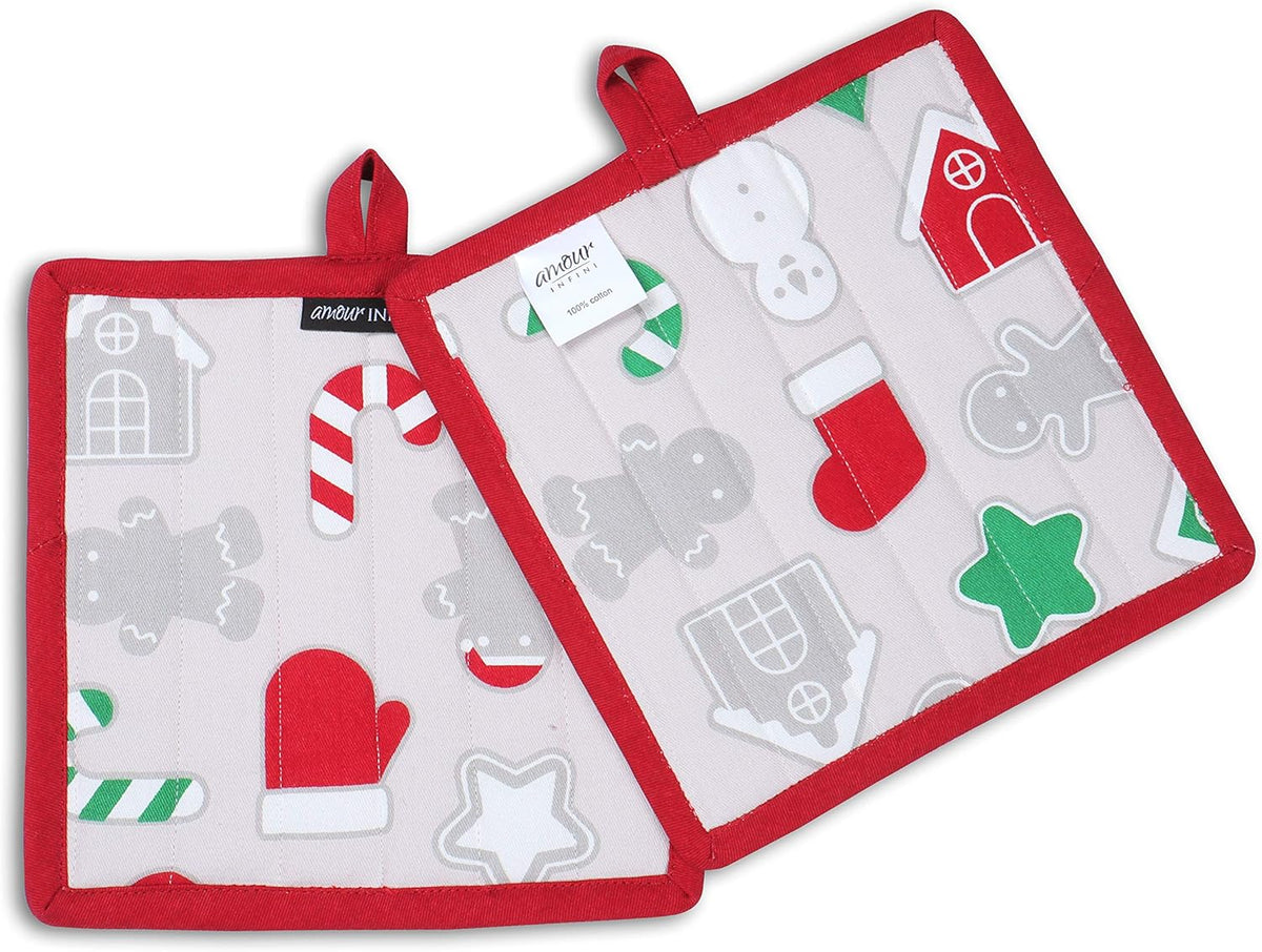 AMOUR INFINI Pot Holders Heat Resistant Cotton Set of 3 Nonslip 8"x8" Inch Hot Pads for Kitchen, BBQ, Baking & Cooking with Hanging Loops (Christmas Fun)