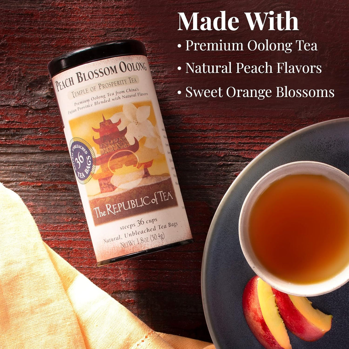 The Republic of Tea - Peach Blossom Oolong Tea, 1.8 oz Tin, 36 Tea Bags | Caffeinated Tea | Milk Tea